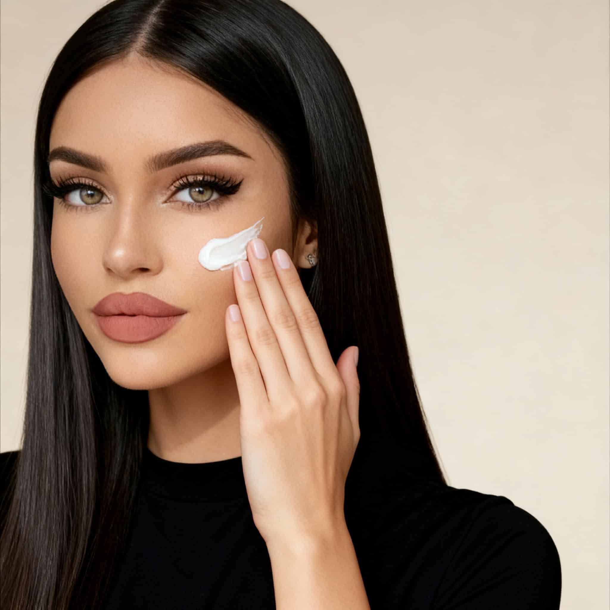 Setul Lux Missy GG Blue 3 Text ALT: Model cu ten impecabil, aplicând cremă de față pentru hidratare și frumusețe.
