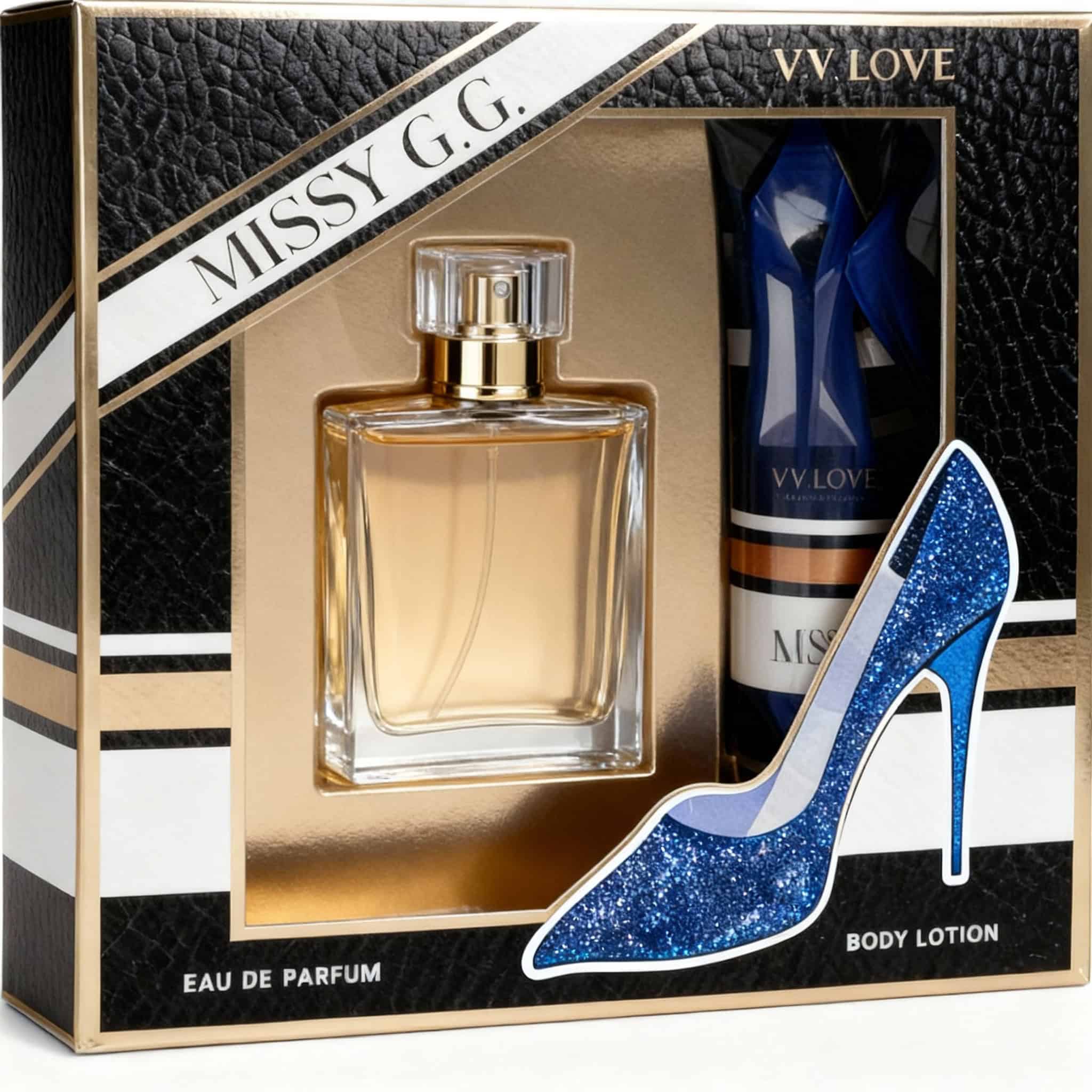 Setul Lux Missy GG Blue 4 Parfum, loțiune corp și stil de lux.