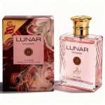 Parfum LUNAR Whisper pentru femei, aroma delicata si rafinata, design elegant cu sticla roz si accesorizare aurie.