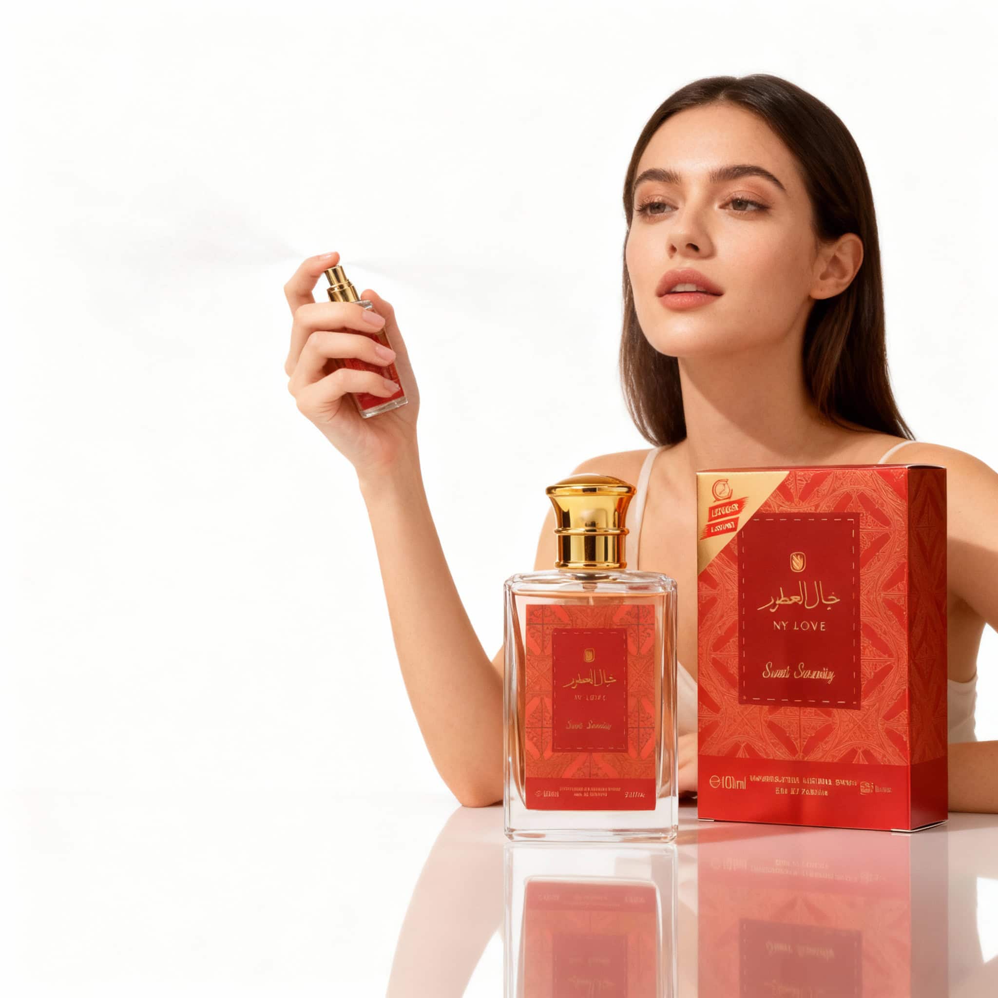 NY Love Sweet Serenity 100 ml 2 Cod alt: Femeie folosind spray parfum, cu flacon și ambalaj elegant parfum floral.