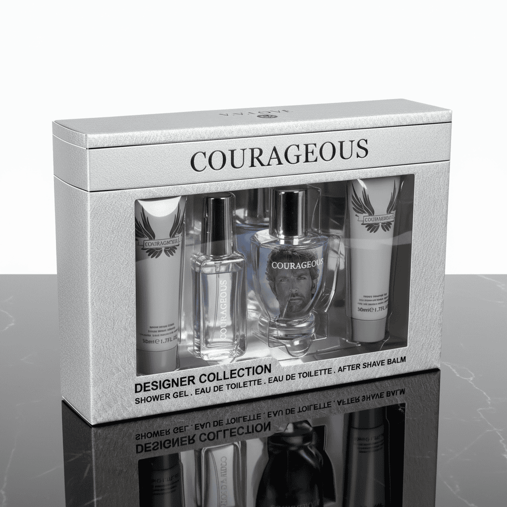 Set Deluxe Designer Courageous 2 Set cadou parfum, gel duș și balsam rasă, design elegant, pentru bărbați.