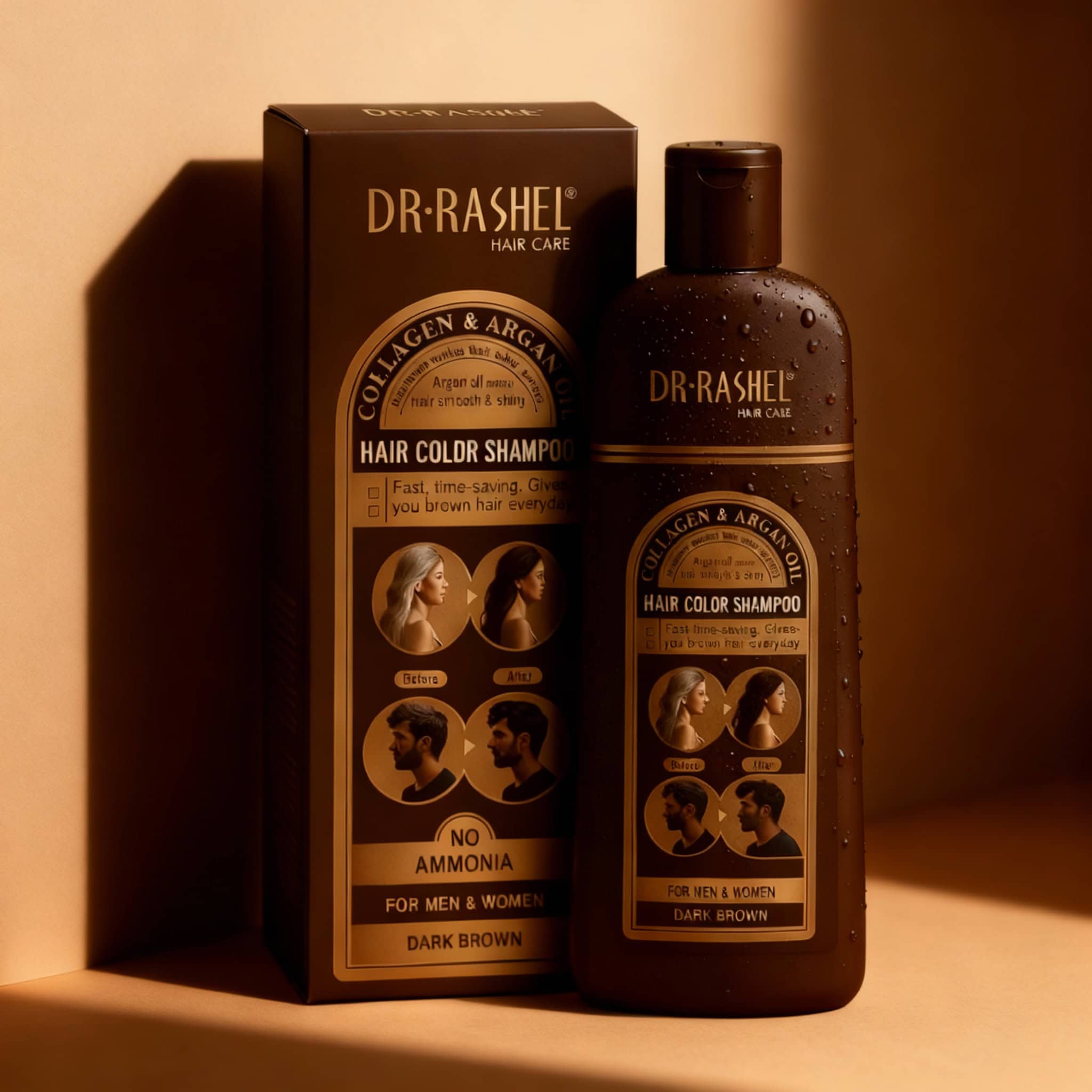 Sampon nuanțator Dark Brown, 400 ml 2 Imaginea arată un șampon pentru vopsire păr brun, cu ambalaj elegant și eficient.
