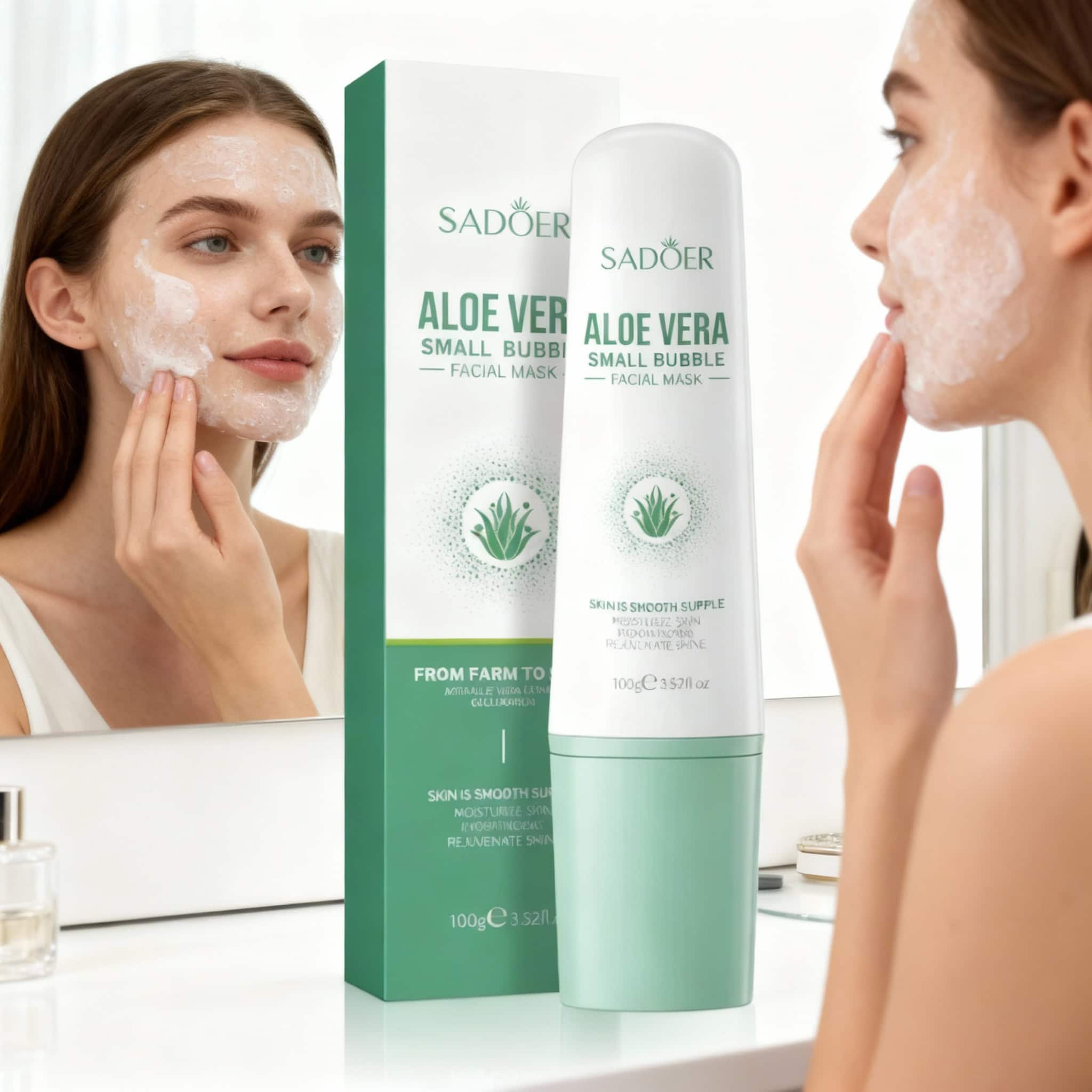 Sadoer Aloe Vera Bubble Facial Mask, 100 g 2 Text alt: Femeie folosește mască facială cu Aloe Vera pentru afecțiuni ale pielii și hidratare.