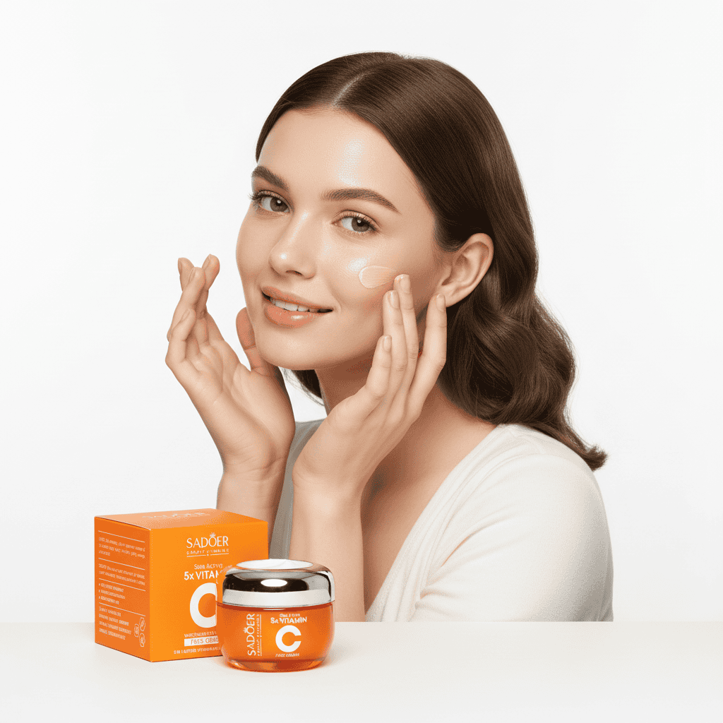 Cremă Facială Iluminatoare cu 5x Vitamina C, 50 g 2 Femeie aplicând cremă cu Vitamina C de la Seloria pentru o piele luminoasă și sănătoasă.
