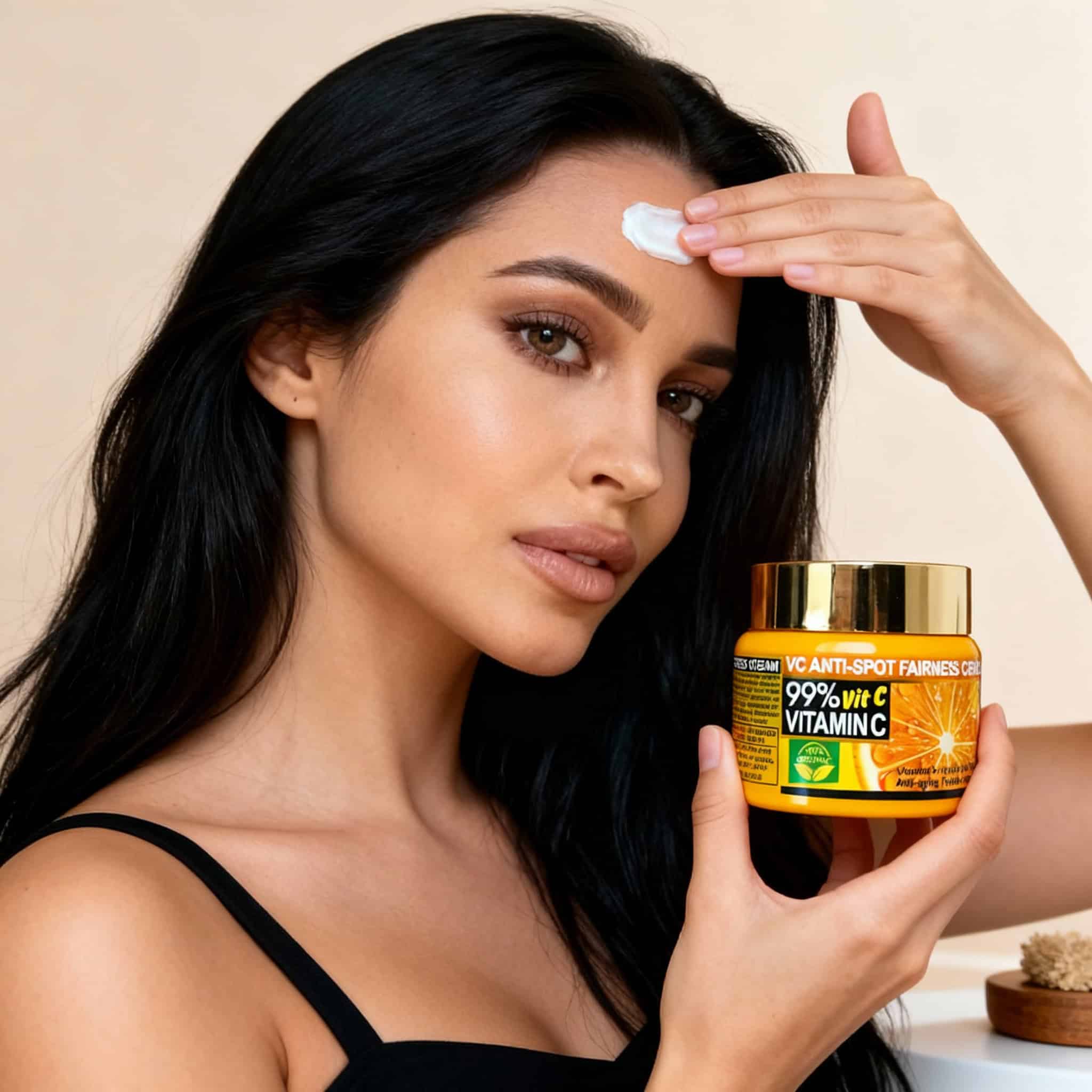 Crema Revitalizanta cu Vitamina C 50 g 2 Femeie aplicând cremă facială cu vitamine pentru îngrijire pielii sănătoase.