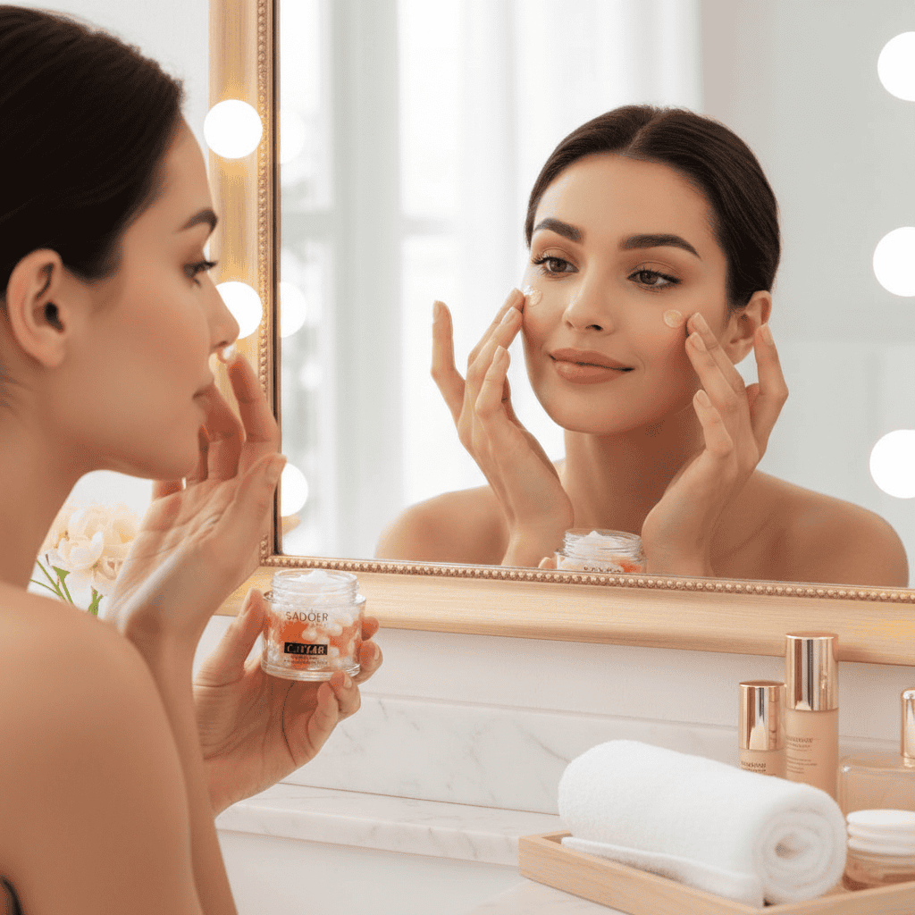 Cremă de Ochi Premium cu Caviar, Aspect Luminos și Odihnit 60 g 2 Aplicare cremă de față, rutină de skincare, cosmetică profesională.