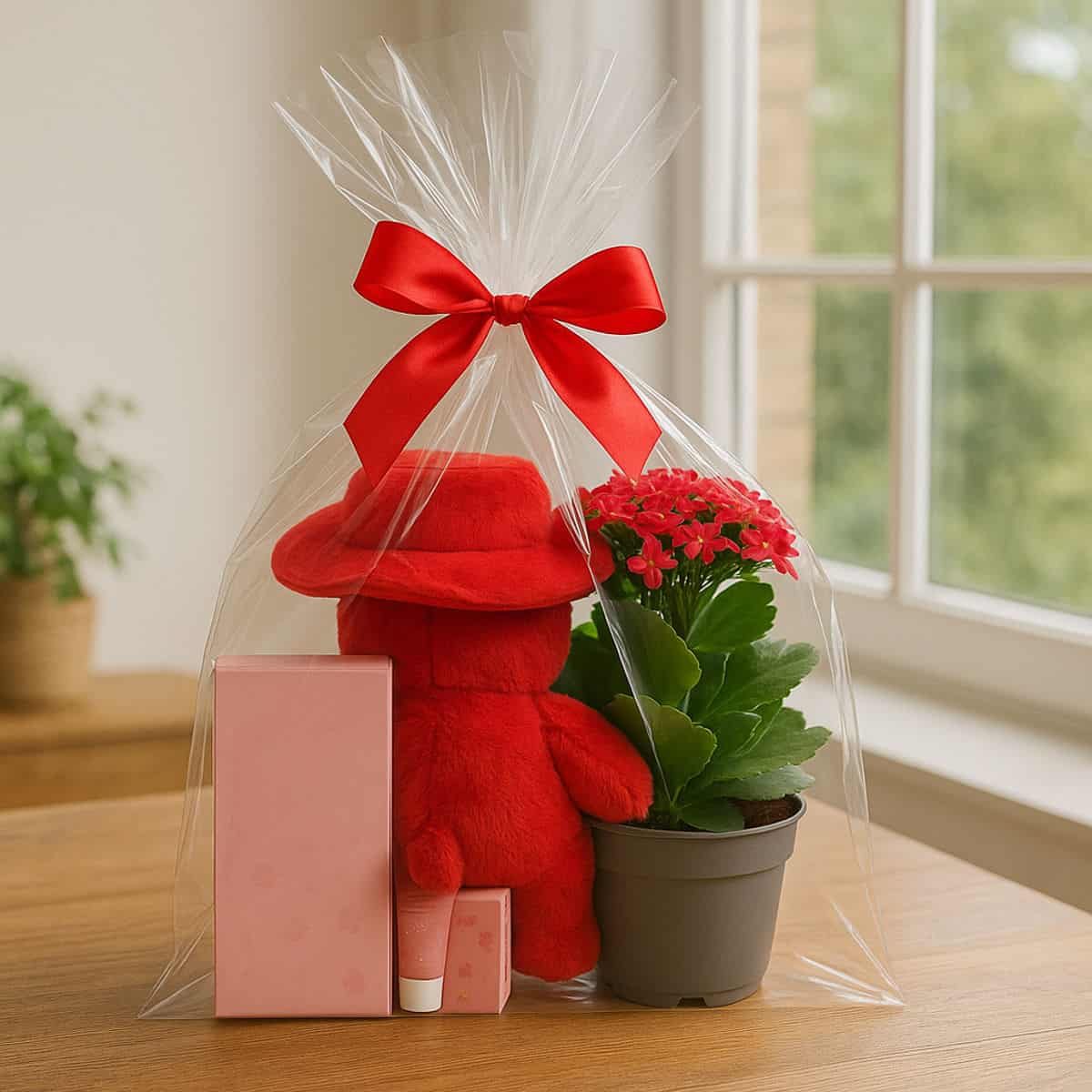 Cadou Perfect pentru Ea 3 Descriere alt: Aranjament de cadou cu trandafir, produse cosmetice și ursuleț roșu, toate împachetate elegant.