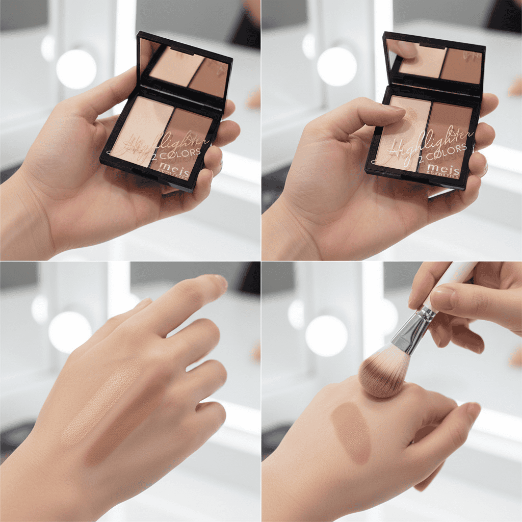 Trusta de machiaj multicolor 4 Paletă corectare pentru ten, iluminator și blush, compact, Meis, ideală pentru machiaj profesional.