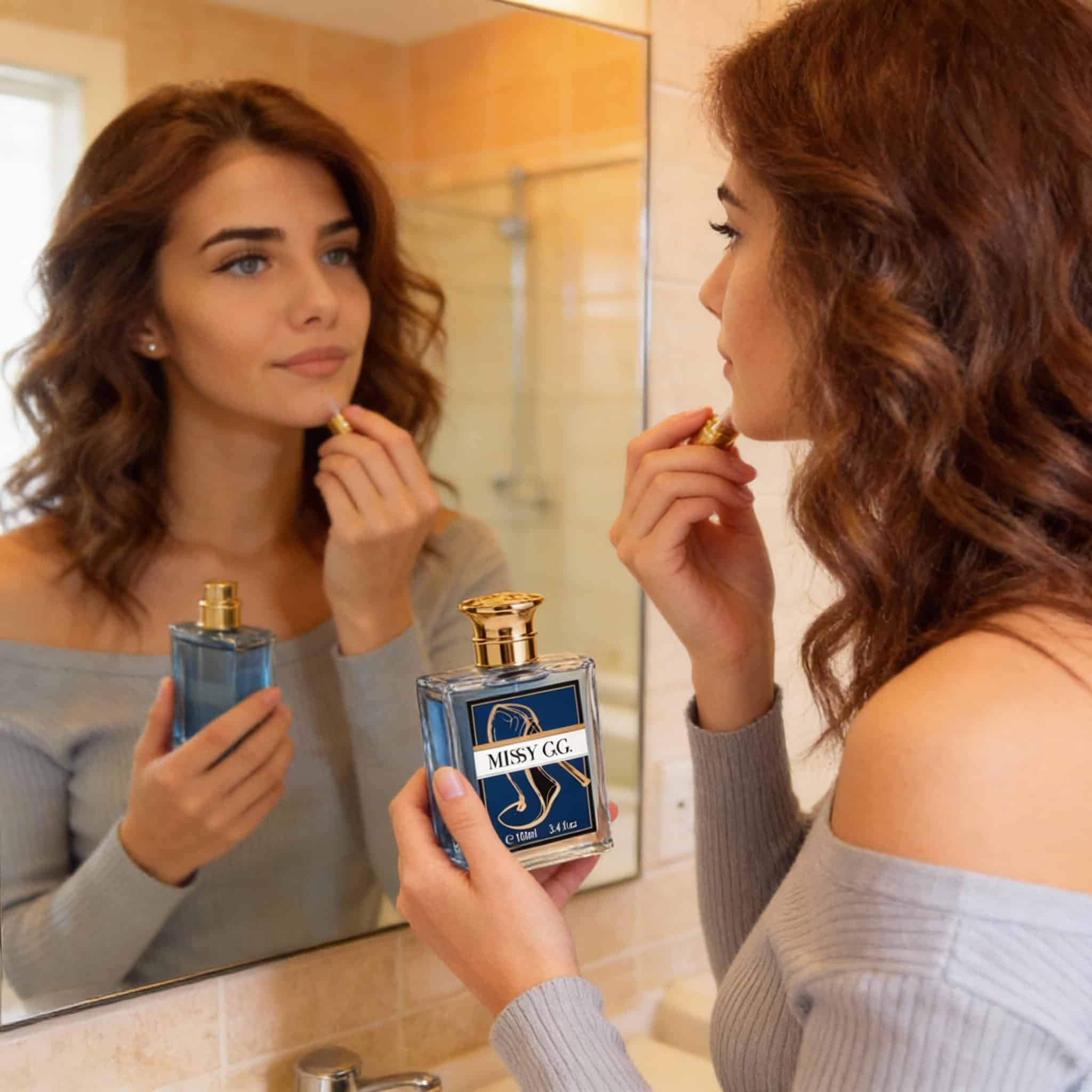Parfum Missy GG Blue, Eleganță și rafinament, 100 ml 2 Femeie aplicând parfum în față, oglindire a frumuseții și eleganței.