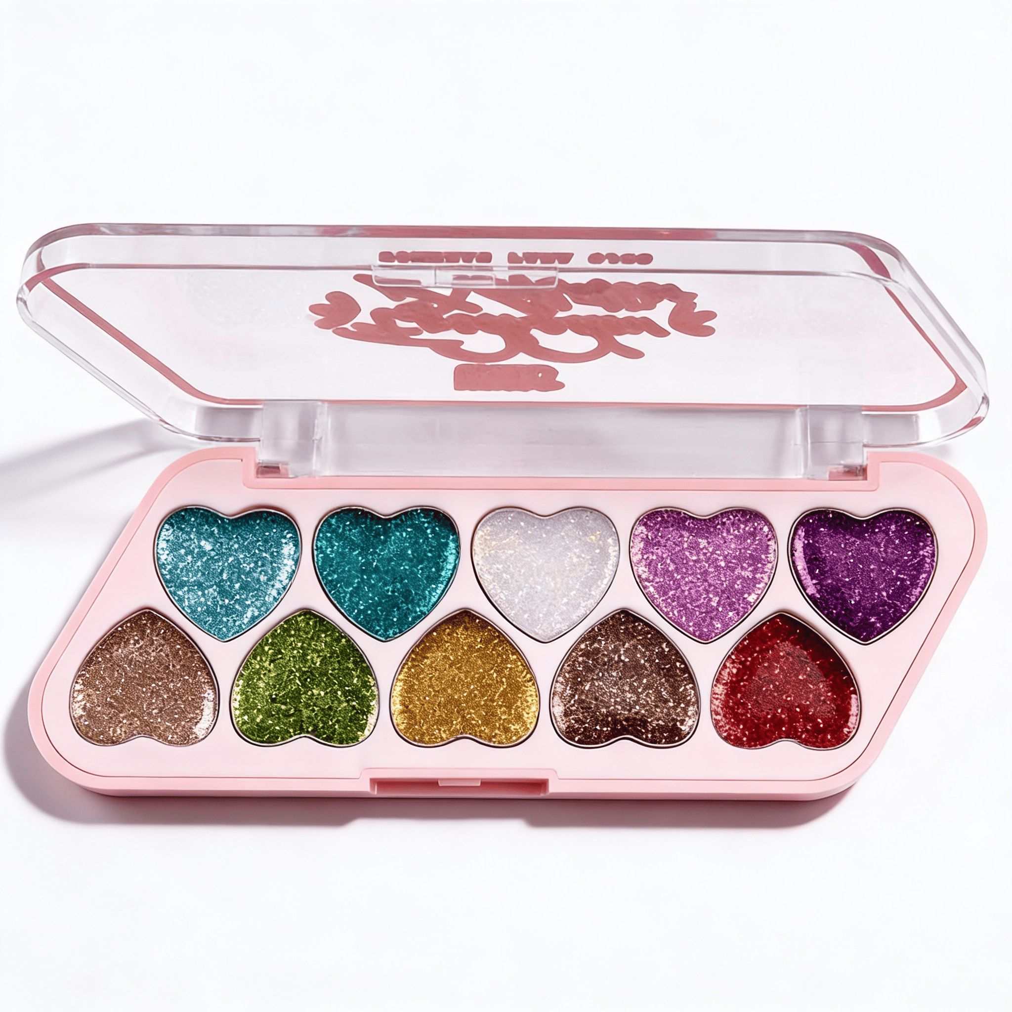 Paleta Ushas De Machiaj Cu Sclipici 1 Paletă de farduri cu inimă, culori vibrante și sclipici pentru machiaj creativ.