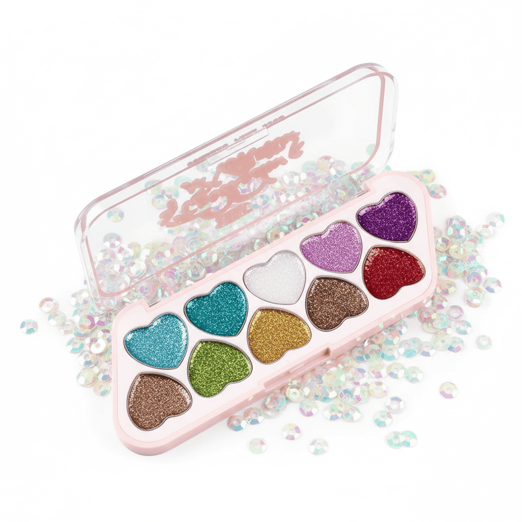 Paleta Ushas De Machiaj Cu Sclipici 3 Paletă de farduri cu inimioare strălucitoare, culori vibrante, perfectă pentru machiaj creativ și de Ziua Îndrăgostiților.