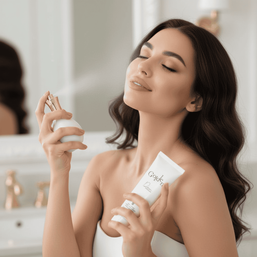 Set Luxury Beauty, Parfum si Lotiune Corp 2 Femeie aplicând creme faciale cu încredere.