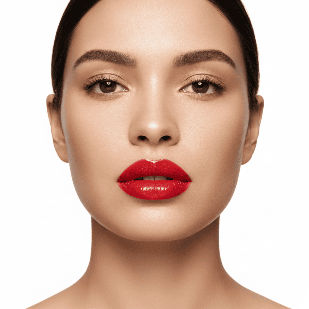 Lip Kiss Beauty, Maximizer 2 Barbie de damă cu machiaj perfect, buze roșii și ten neted, promovând produse cosmetice premium.
