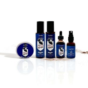 Produse naturale pentru întreținerea bărbii, ser și balsam pentru barbă, ulei și fixativ pentru barbă.