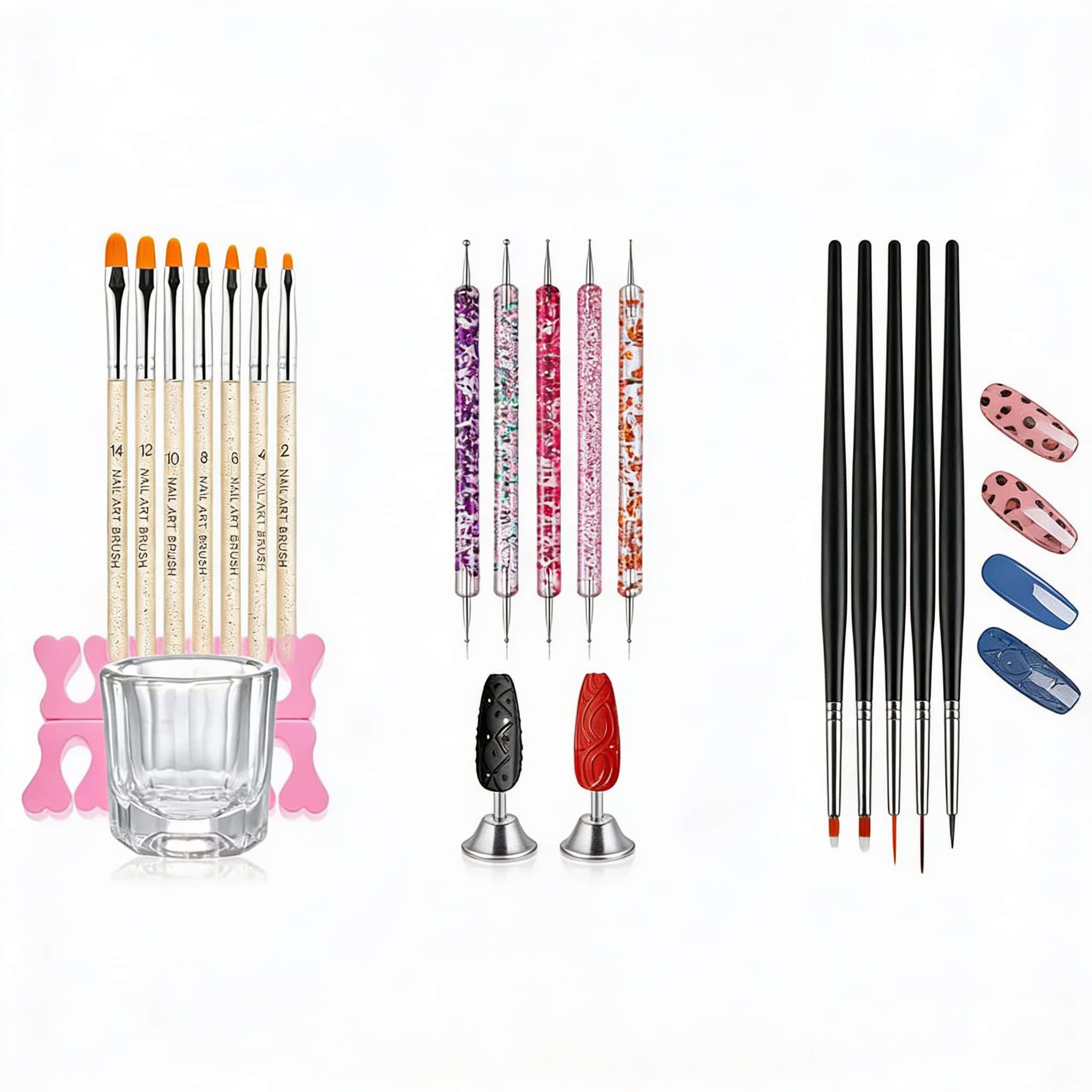 Set Complet De Pensule Unghii 2 Perii și instrumente pentru unghii, culori și modele AND.