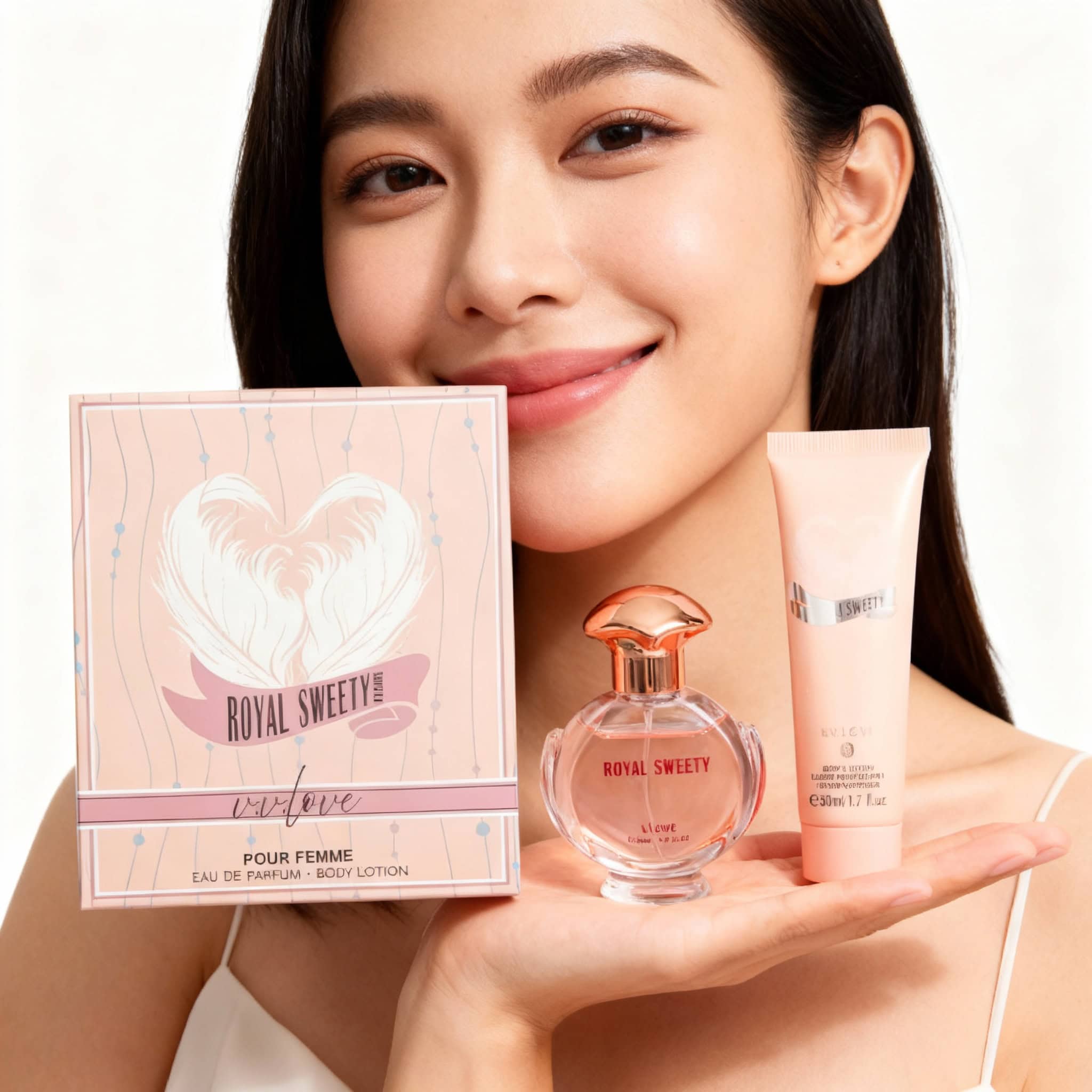 Set Cadou Aromatic, Parfum Persistent și Loțiune Hidratantă 3 Femeie zâmbind, ținând parfum, loțiune și cutie de parfum Royal Sweety, alegere ideală pentru frumusețe.