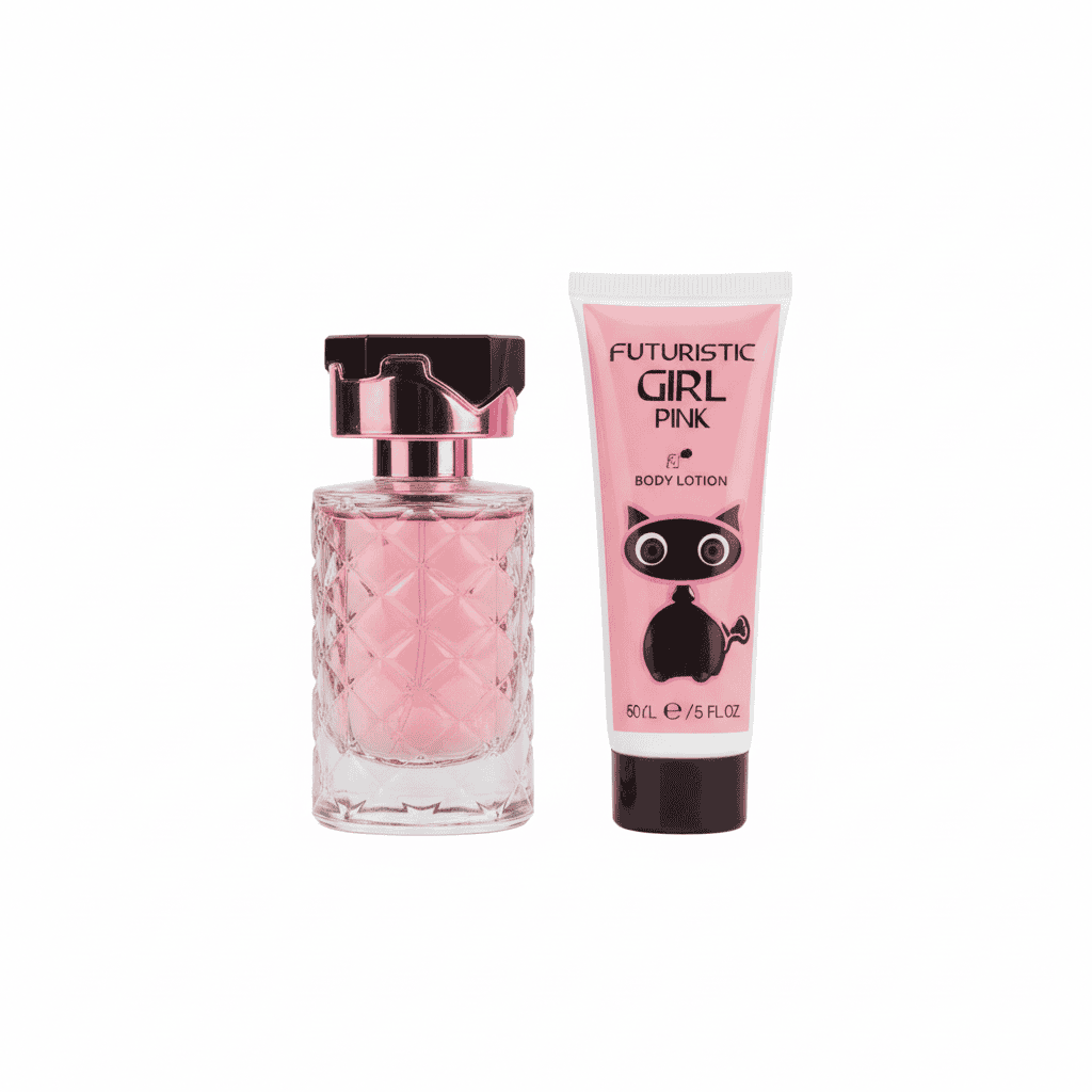 Parfum & Loțiune Futuristic Girl Pink, Set Elegant 1 Parfum și loțiune de corp roz pentru femei, produse cosmetic și de îngrijire pentru doamne.