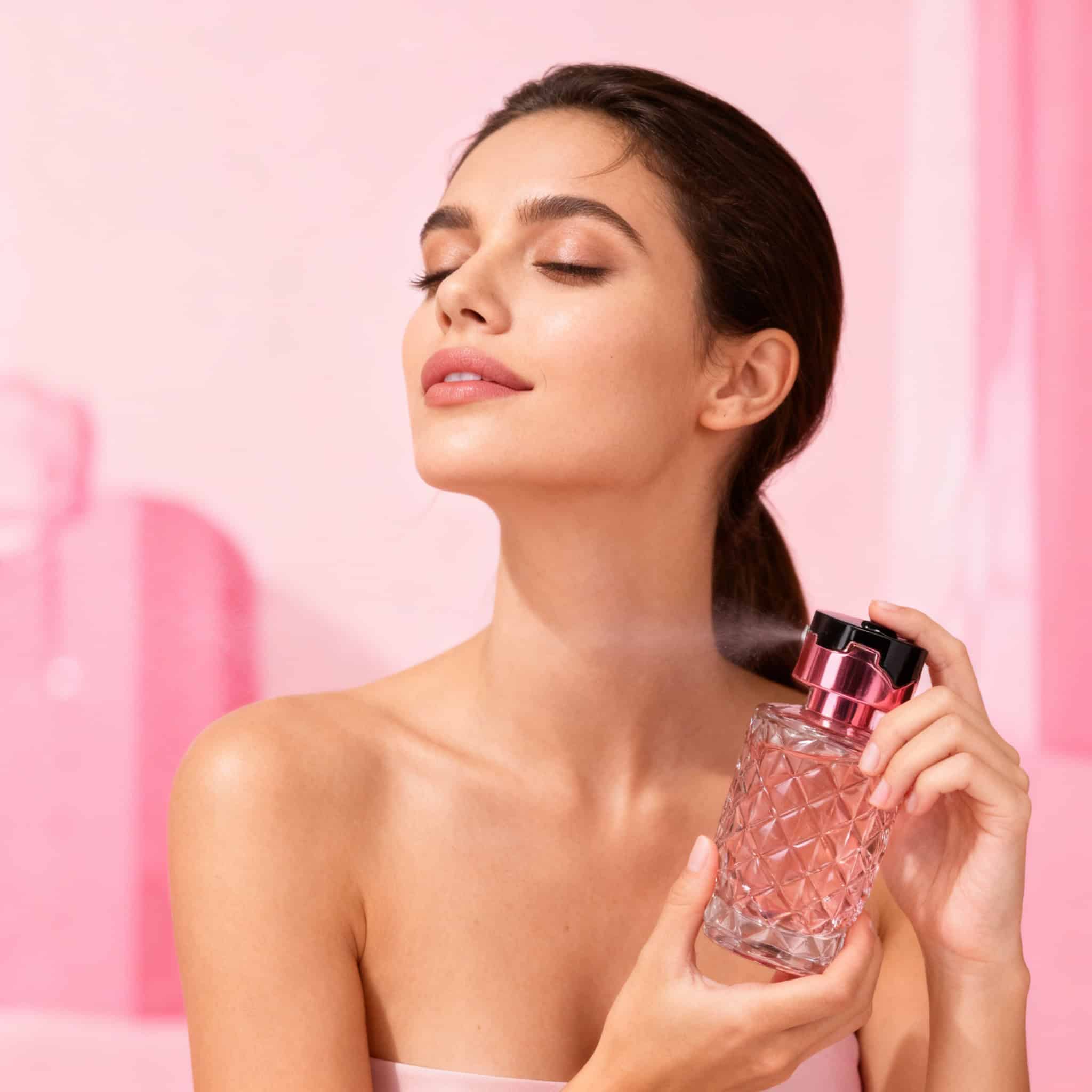 Parfum & Loțiune Futuristic Girl Pink, Set Elegant 2 Text alt: Femeie tânără aplicând parfum pentru un miros de durată, într-un decor roz pastel.
