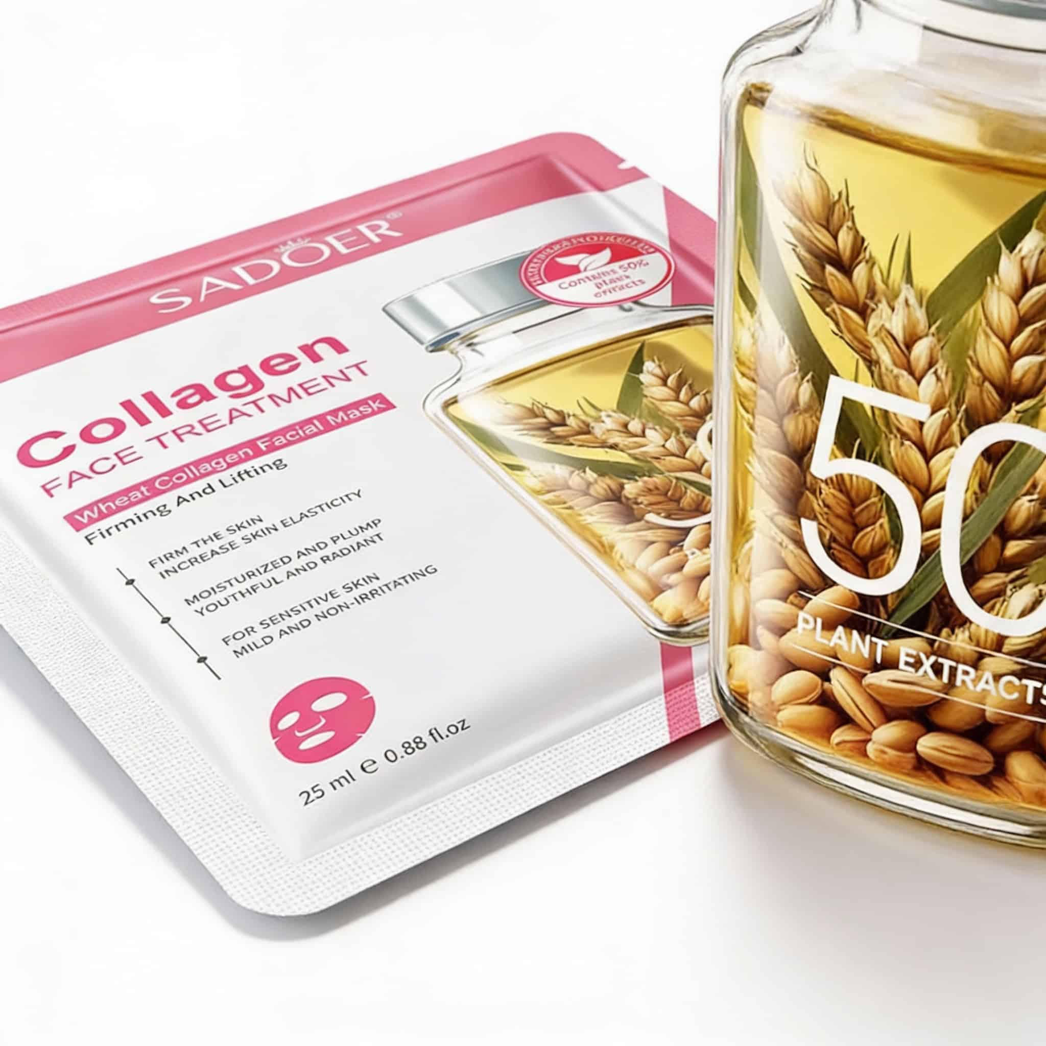Masca Fata Sadoer cu Collagen 2 Tratament facial cu collagen și extract de grâu, ideal pentru piele sensibilă, hidratate și cu efect de lifting.