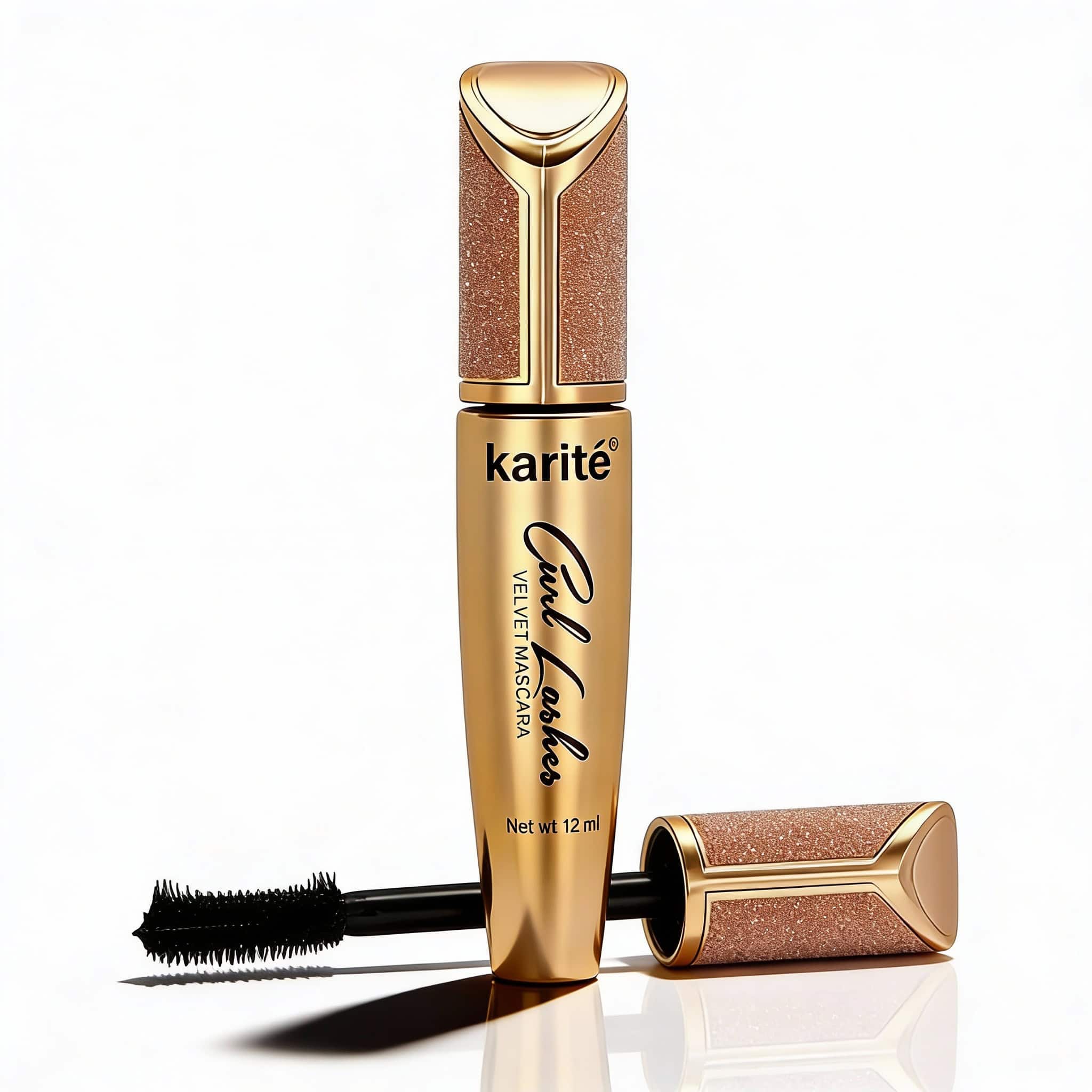 Mascara cu Efect de Curbare a Genelor 1 Imagine cu ruj de gene Karité, culoare auriu cu design elegant și cap de perie pentru aplicare precisă.