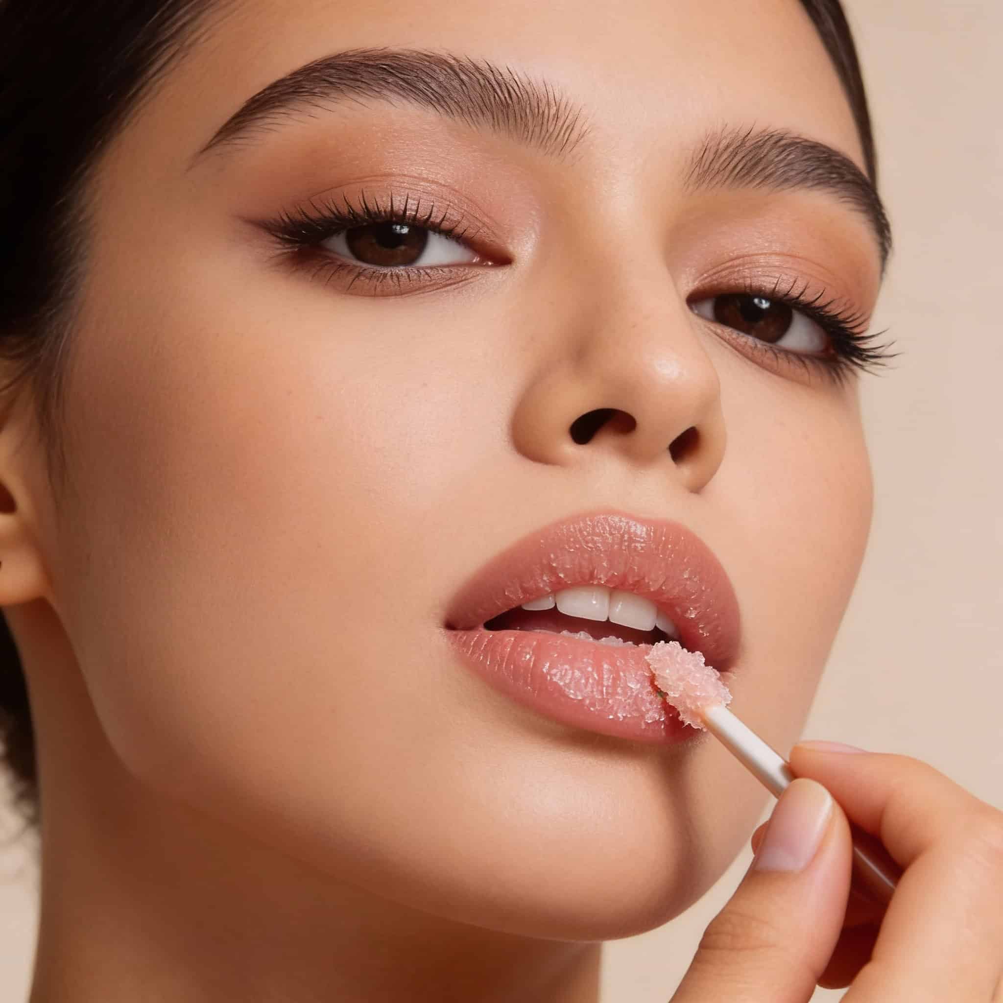 Scrub Buze cu Portocale pentru Exfoliere Delicata, 20 g 3 Fată cu machiaj subtil, aplicând un ruj lichid pentru buze moi și lucioase, evidențiind frumusețea naturală.