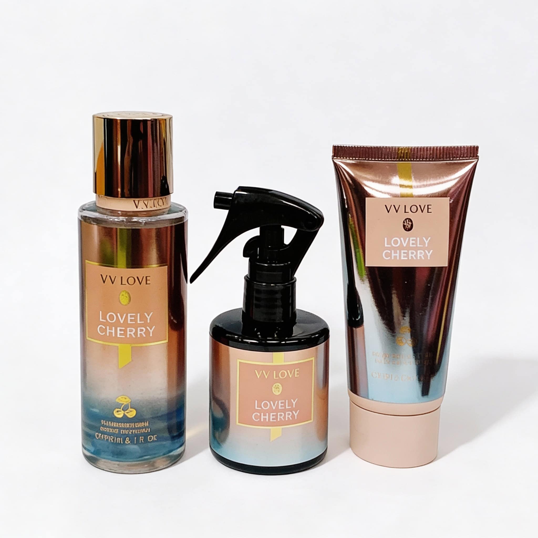 Set Lovely Cherry cu Aromă Fructată 1 Lovy Cherry, produse cosmetice Bellejard pentru îngrijire corp, cu parfum de cireșe frumos prezentate.