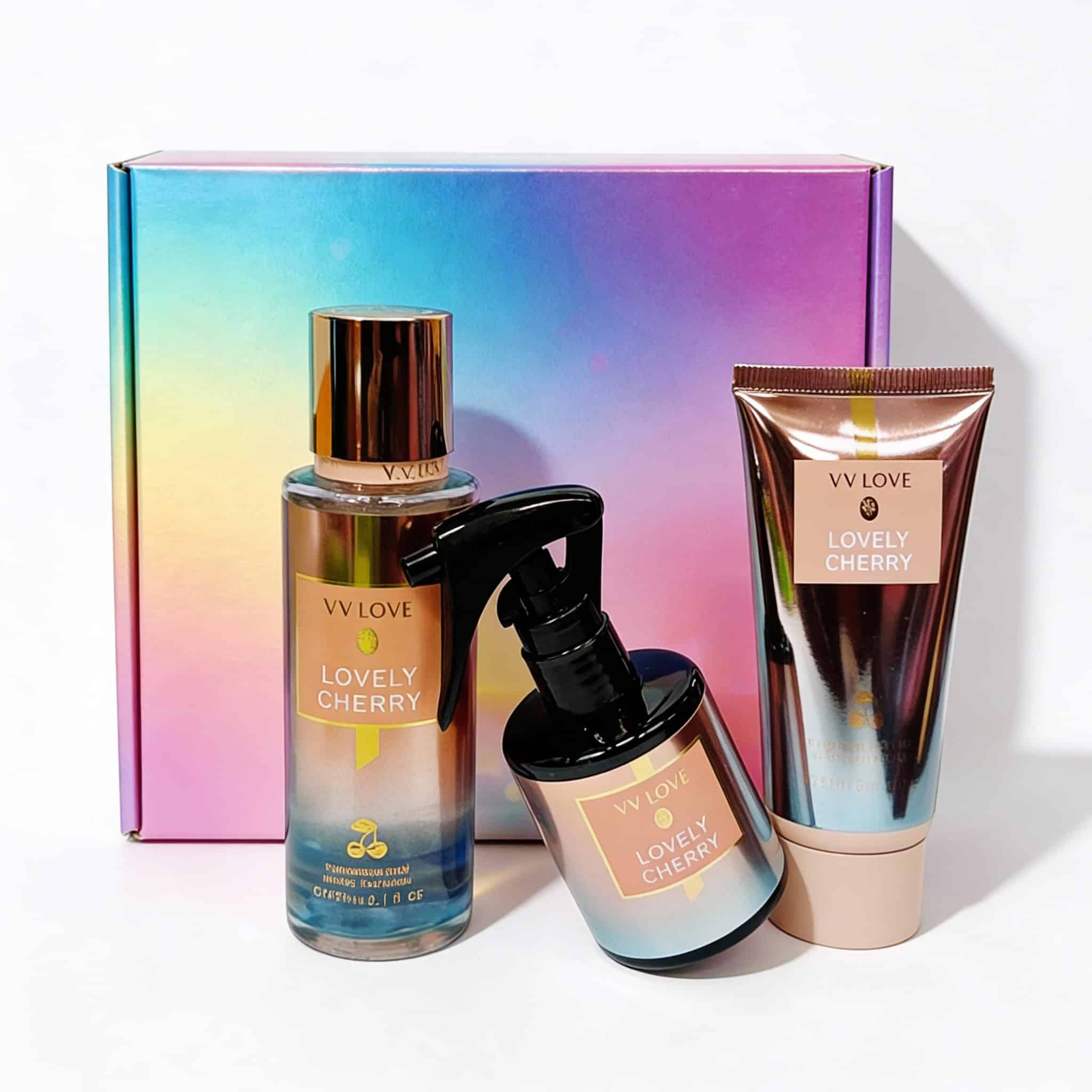 Set Lovely Cherry cu Aromă Fructată 2 Spray, loțiune și cremă cu aromă de cireș.