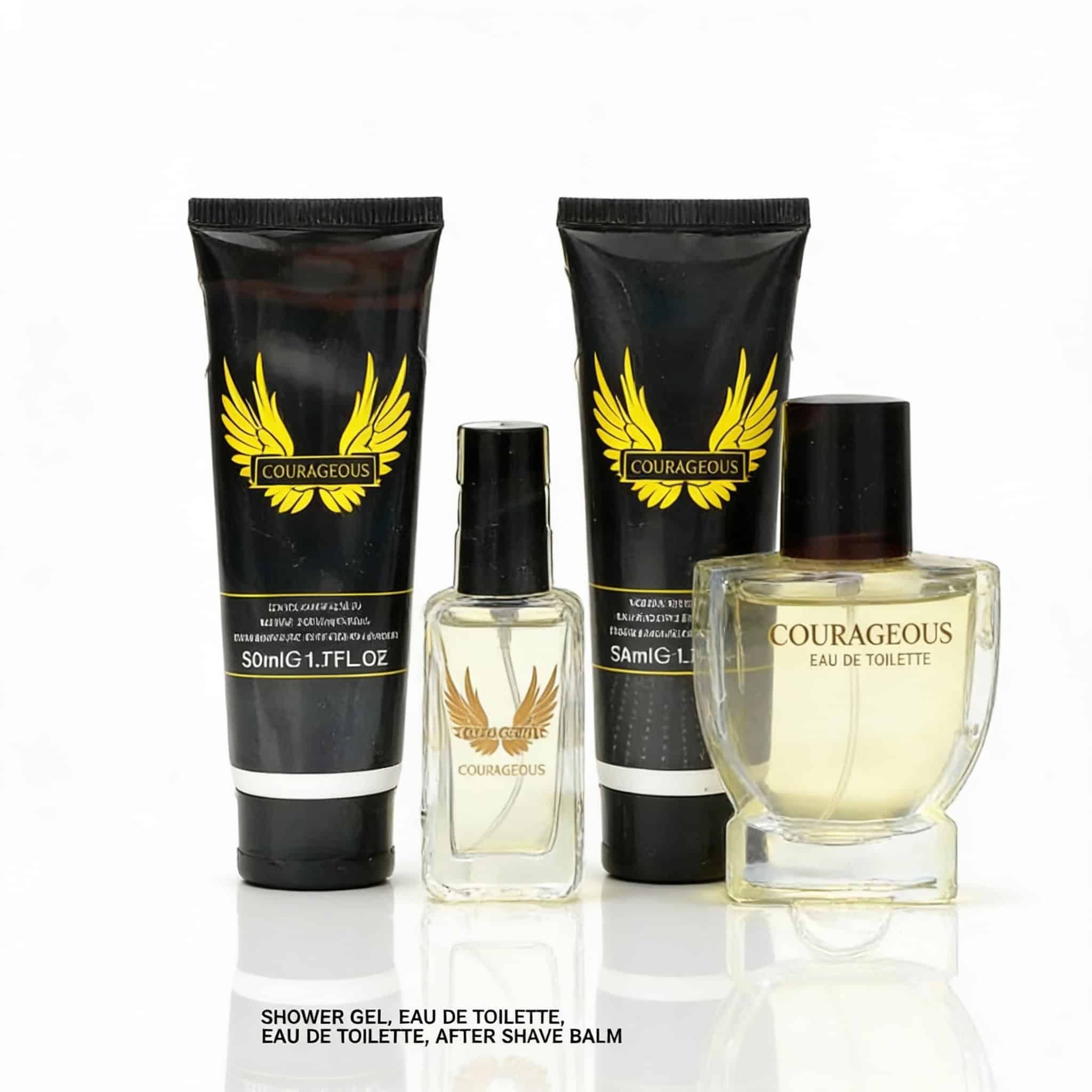 Set Cadou Courageous Pentru Barbati 3 Set de produse cosmetice cu etichete cu aripi și logo cu slogană "Courageous".