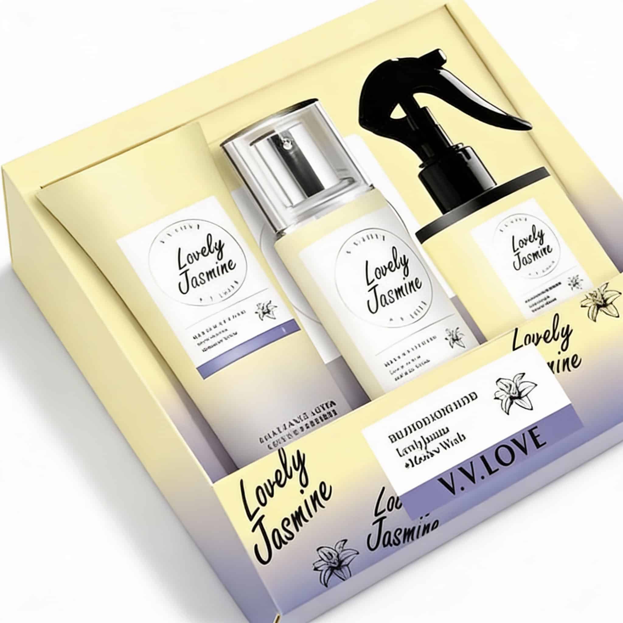 Set Cadou Lovely Jasmine cu Aroma Delicata 4 Set de cosmetice cu aromă de Iasomie, conține spray și loțiune, pentru răsfăț.