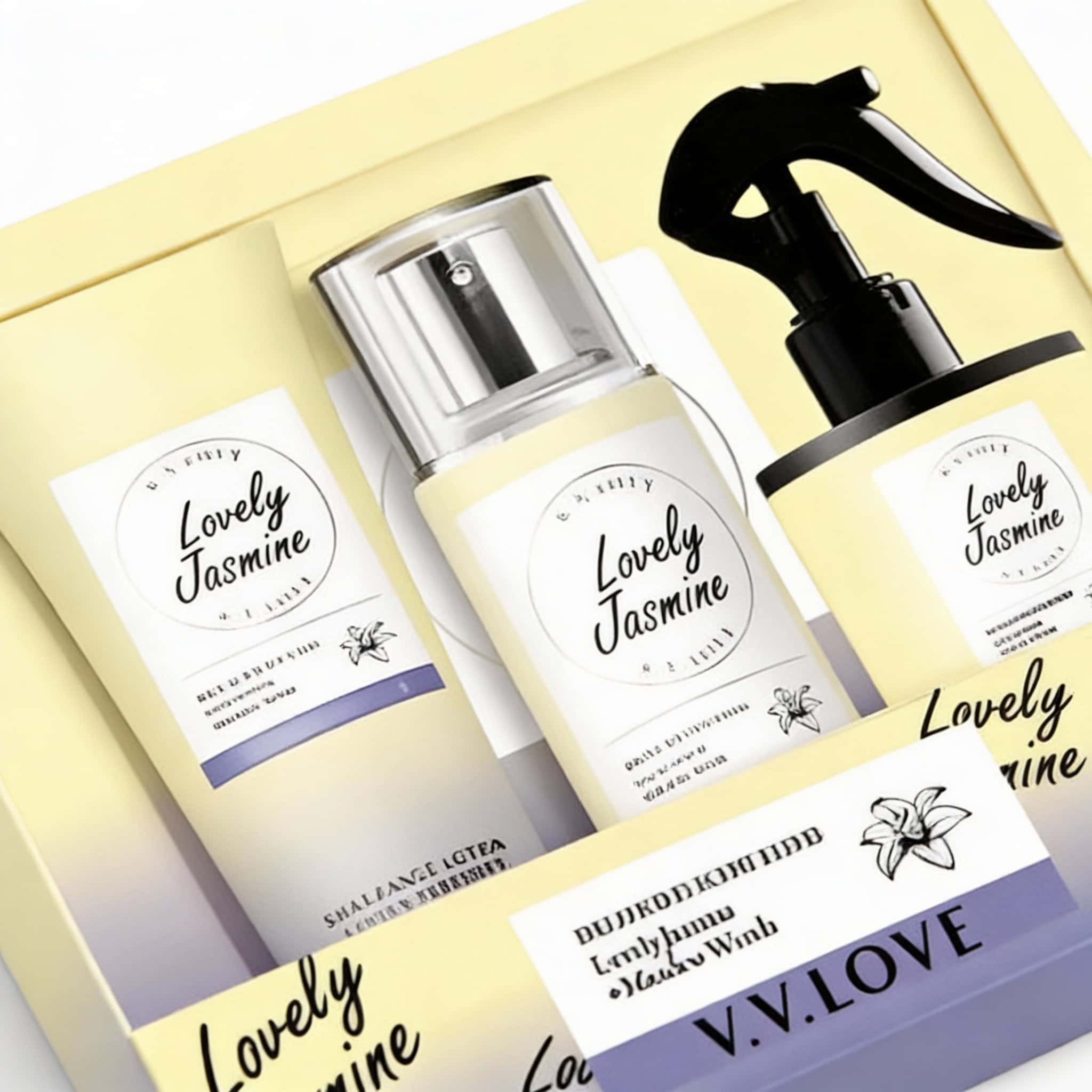 Set Cadou Lovely Jasmine cu Aroma Delicata 3 2. text alternativ: Set cosmetice cu aroma de jasmin pentru toate tipurile de piele, conținând spray, loțiune și deterjent.