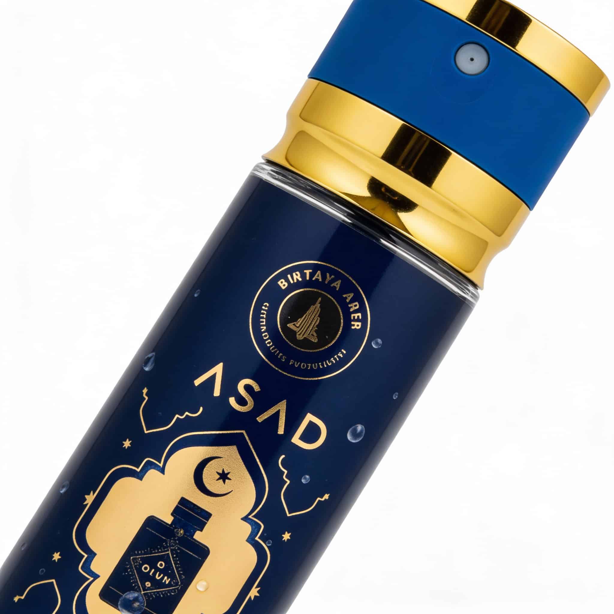 Spray Asad Blue De Corp, 50 ml 2 Recipient de cosmetice elegant din sticlă albastră cu capac auriu.